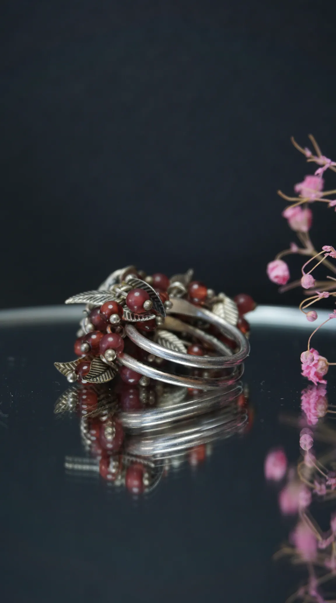 Vintage silver multi-band ring with red berry beads and delicate silver leaf accents