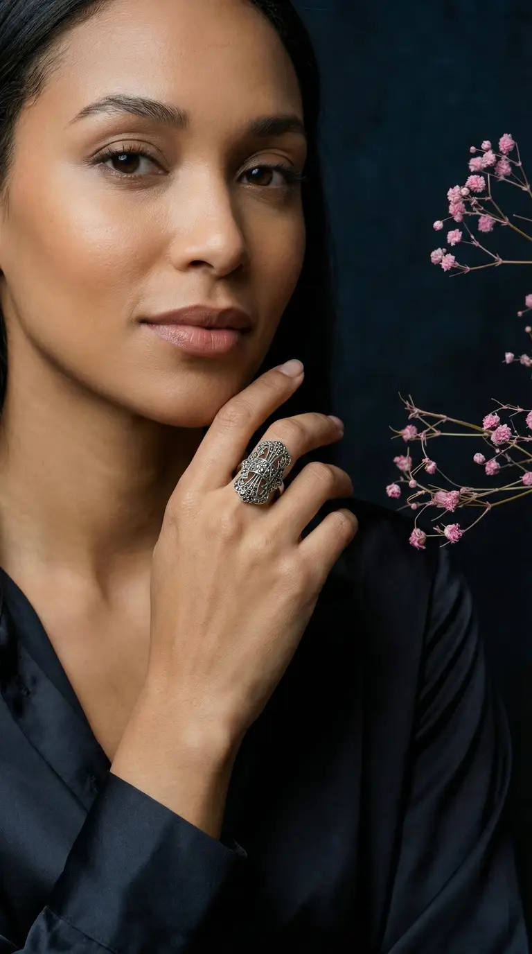 Vintage Art Deco style silver marcasite filigree cocktail ring modeled on a woman's hand.