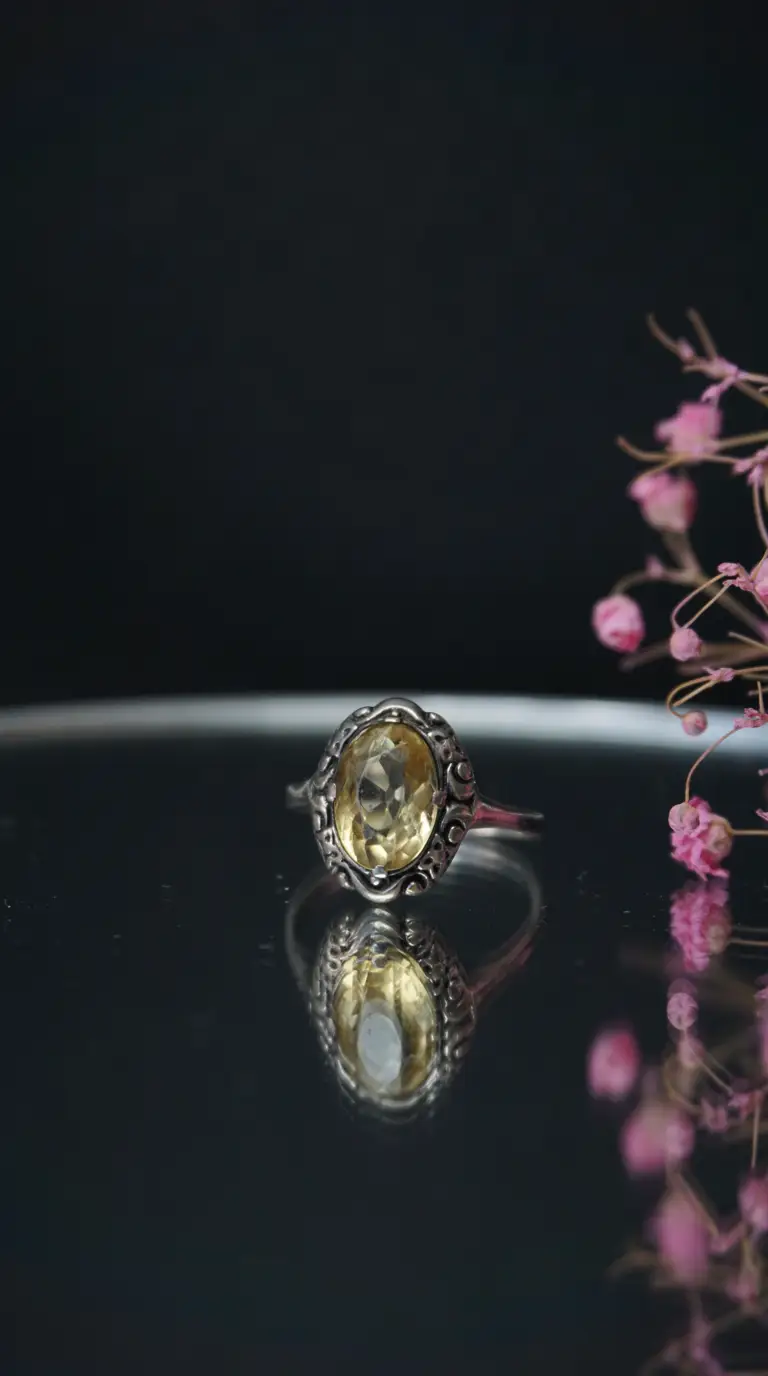 Vintage sterling silver ring with oval yellow citrine gemstone, ornate filigree setting, reflected on dark surface with pink flowers.