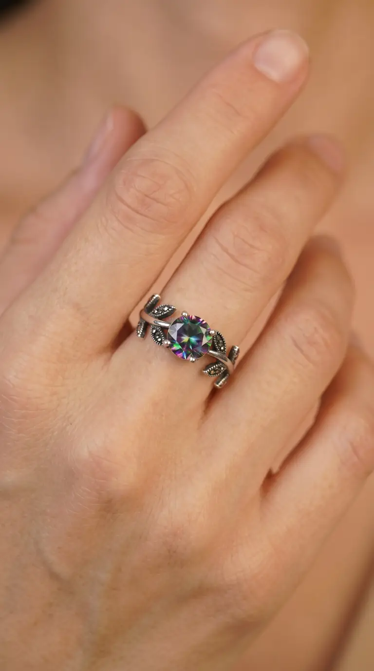 Vintage sterling silver ring with mystic topaz gemstone and marcasite leaf design