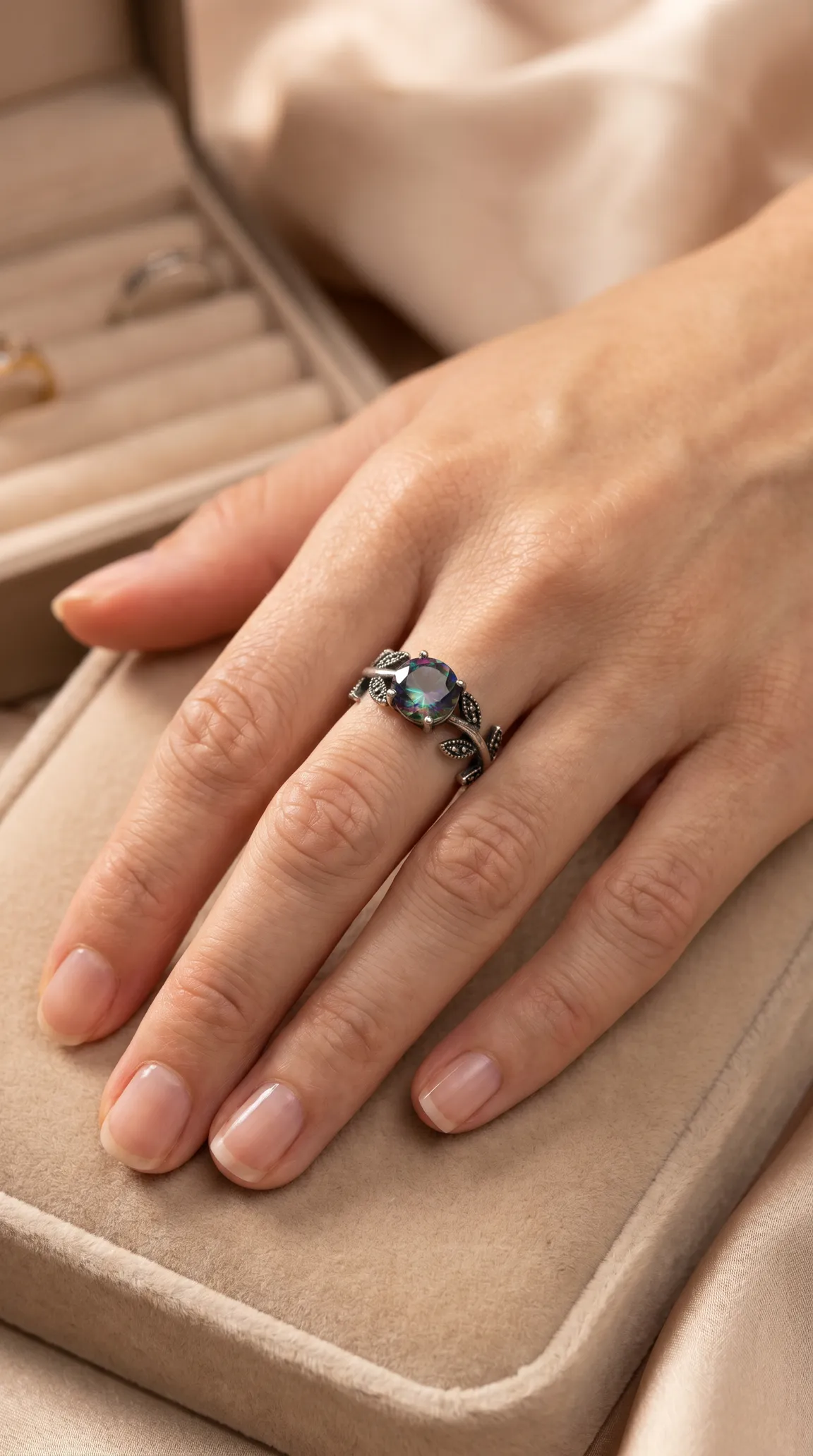 Vintage oxidized sterling silver ring with iridescent mystic topaz gemstone and intricate leaf design, worn on a woman's hand, displayed in a velvet jewelry box.