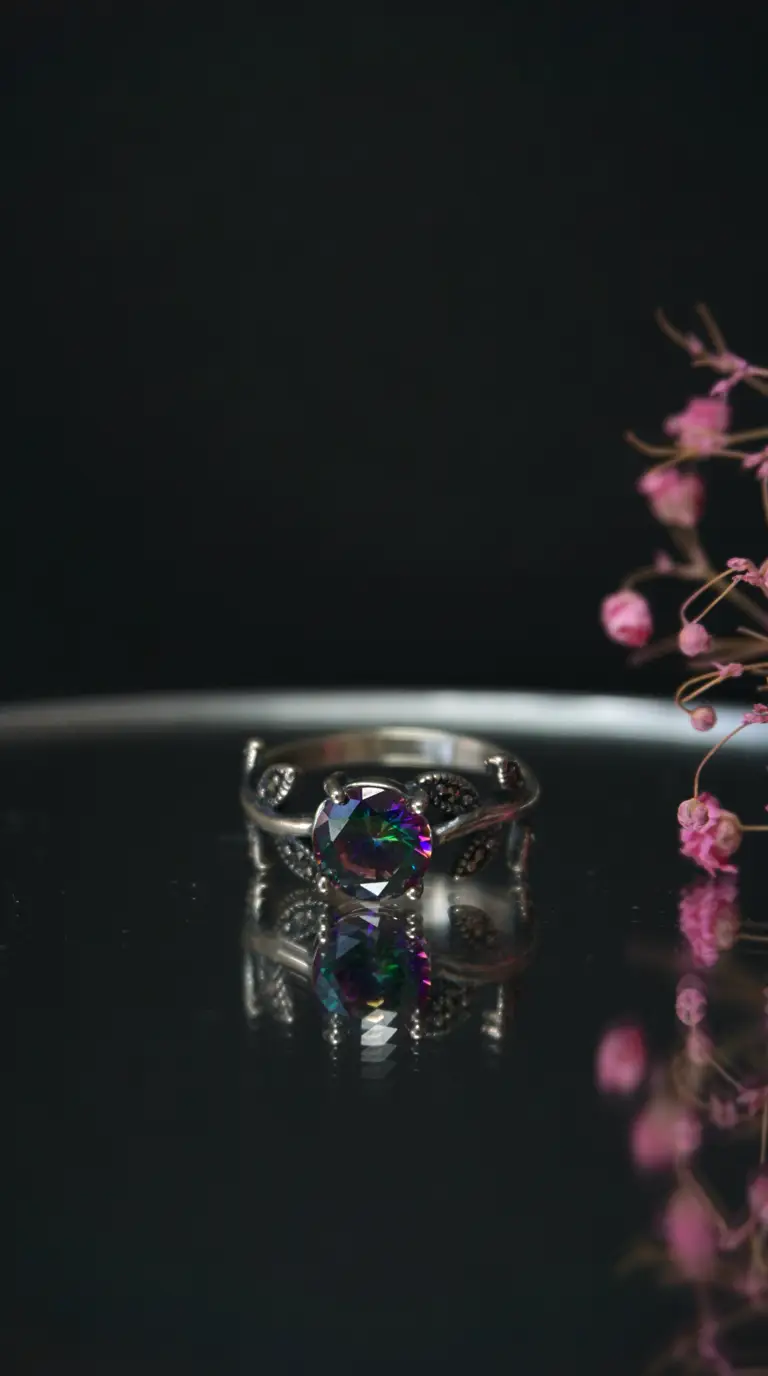 Vintage silver ring with rainbow mystic topaz gemstone, ornate design, antique jewelry on dark reflective surface.