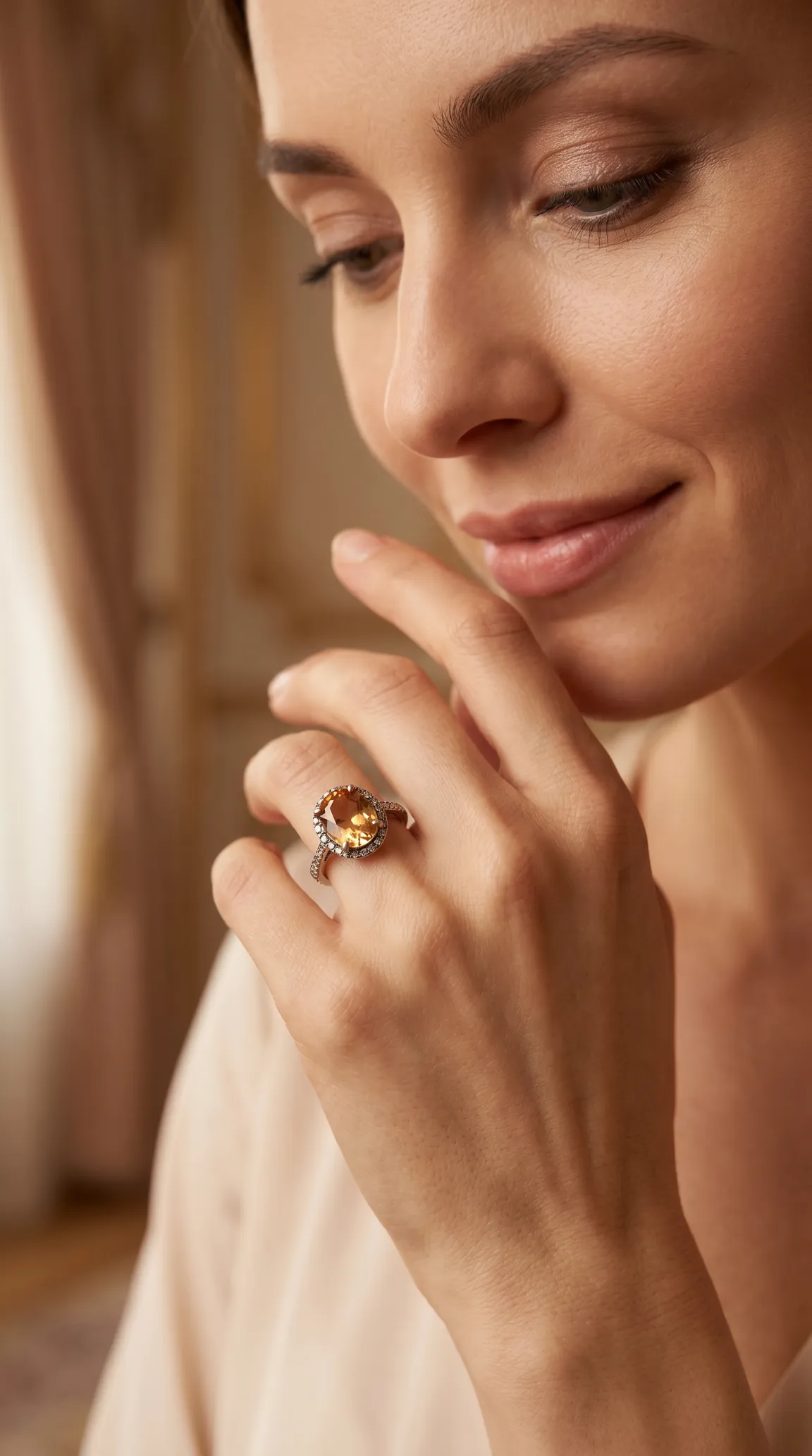 Vintage oval citrine and diamond halo ring on elegant woman's hand