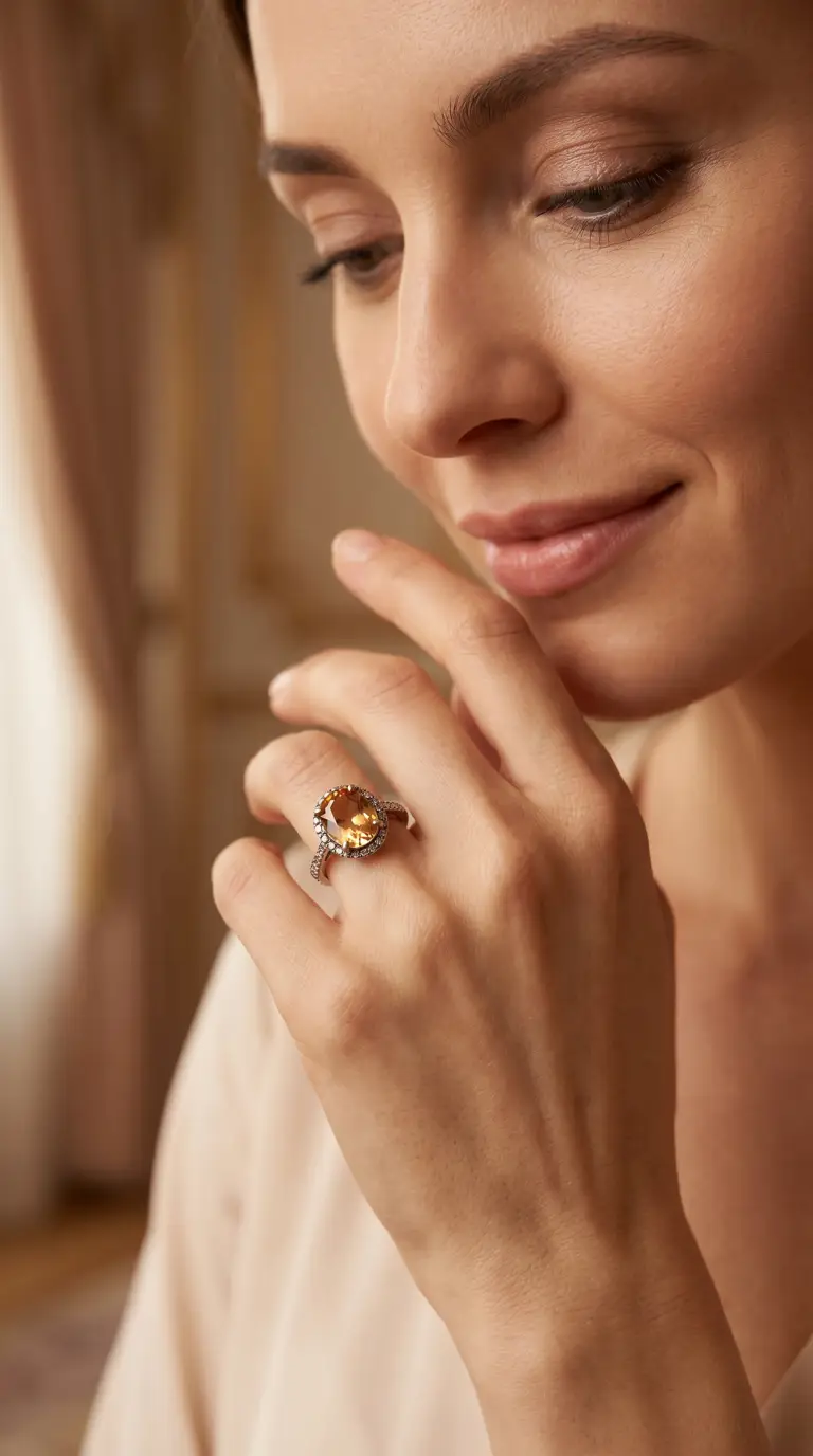 Vintage oval citrine and diamond halo ring on elegant woman's hand