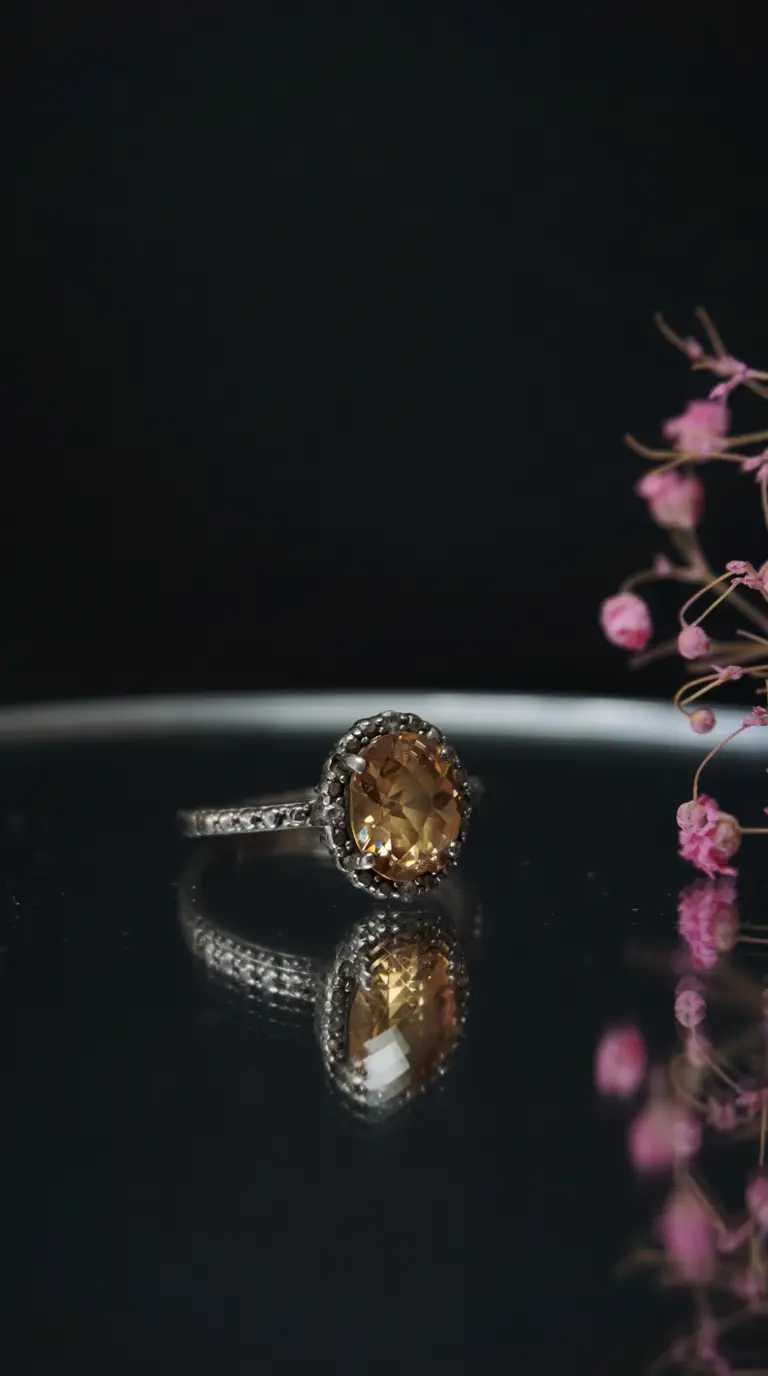 Vintage sterling silver ring with oval citrine gemstone and intricate setting