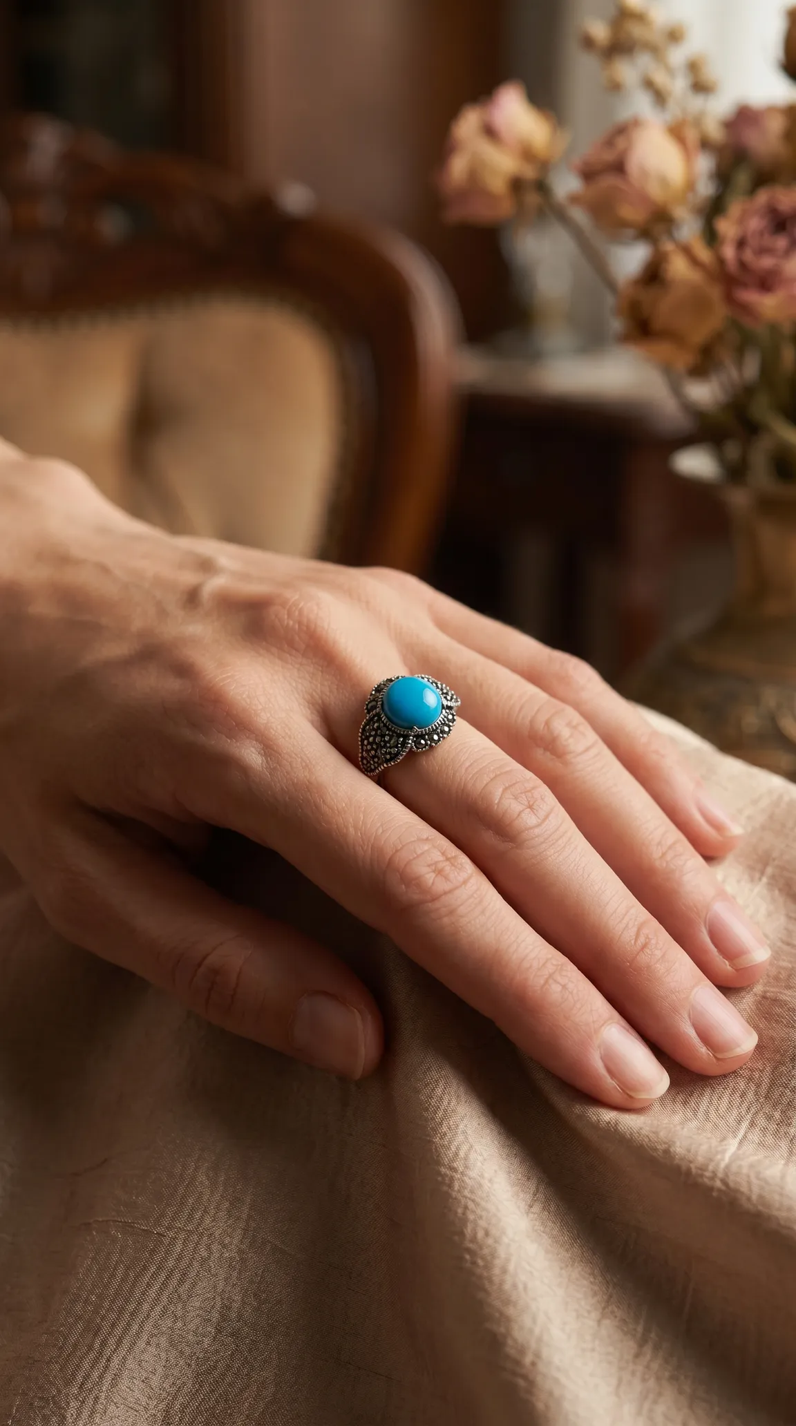 Vintage turquoise sterling silver ring with marcasite detailing on a woman's hand, antique jewelry.