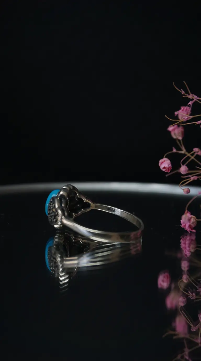 Vintage sterling silver 925 ring with blue turquoise gemstone and intricate ornate band.