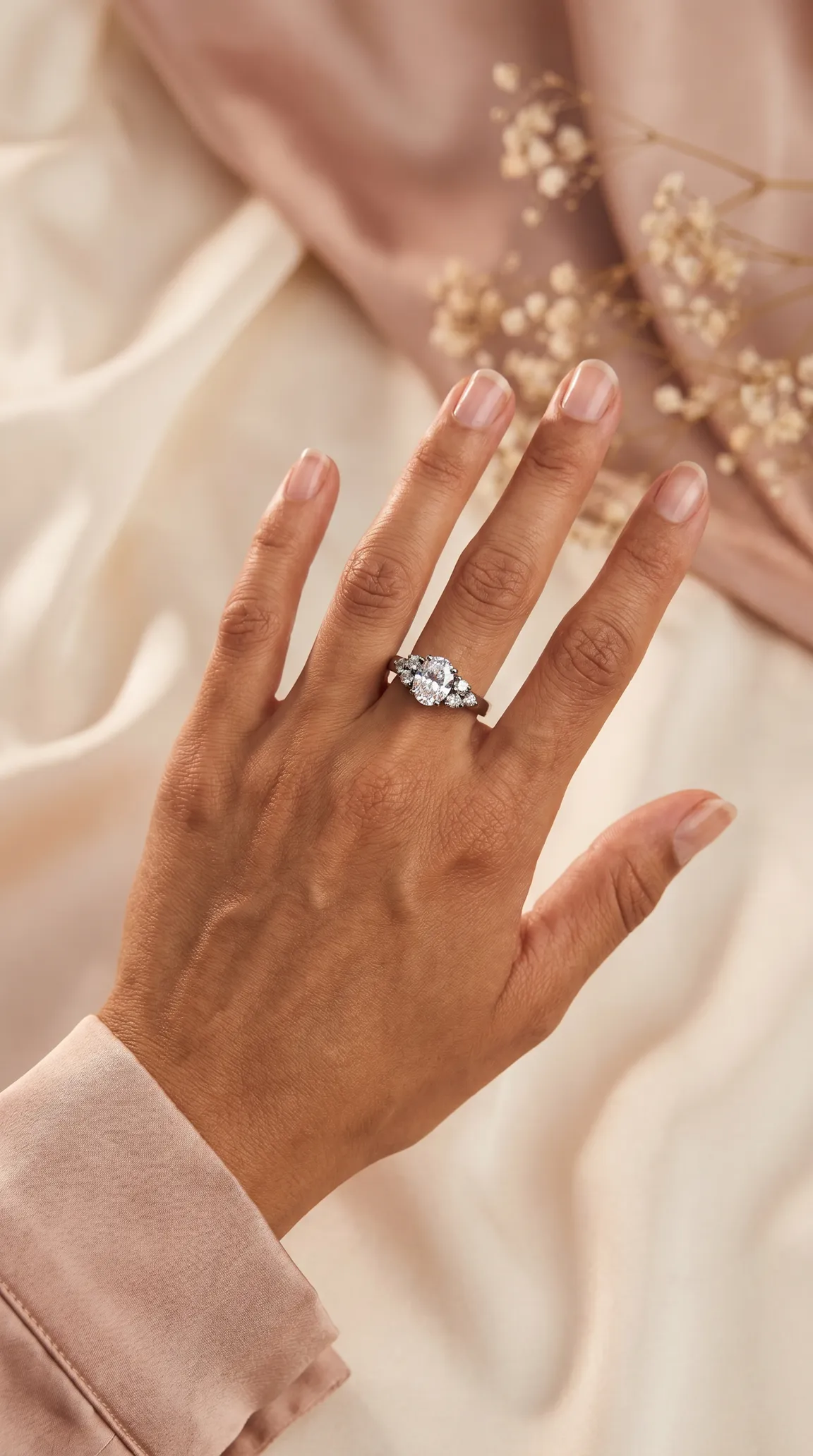 Vintage oval diamond ring with brilliant cluster side stones on a woman's hand, displayed on soft elegant fabric.
