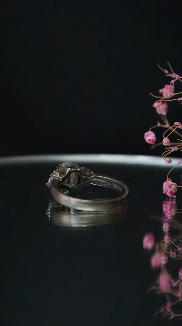 Vintage sterling silver ring with clear round gemstone and accent stones on black reflective surface.