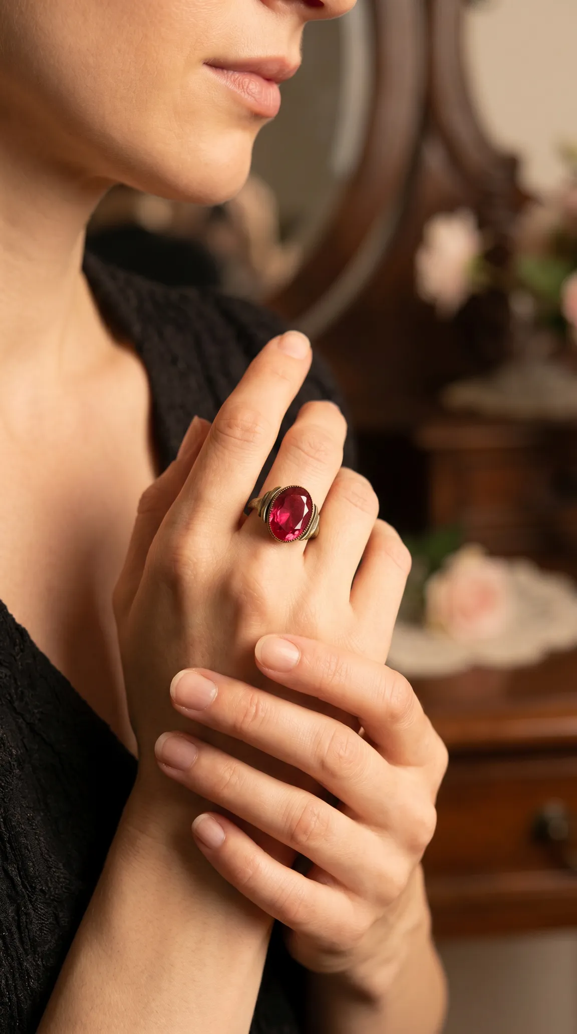 Vintage oval ruby ring with antique gold tone setting on a woman's hand.