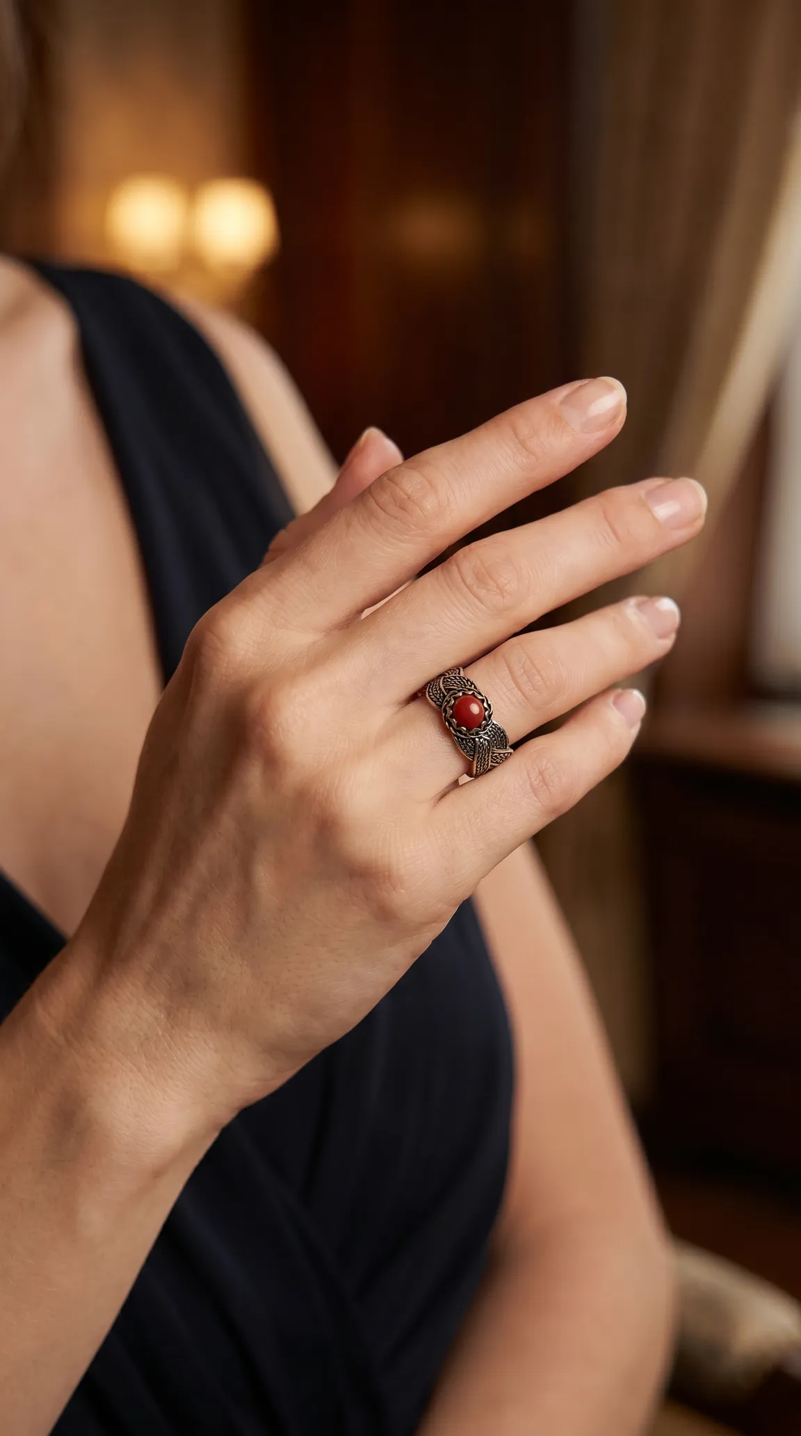 Vintage oxidized silver ring with braided design and red coral stone worn on a woman's hand.