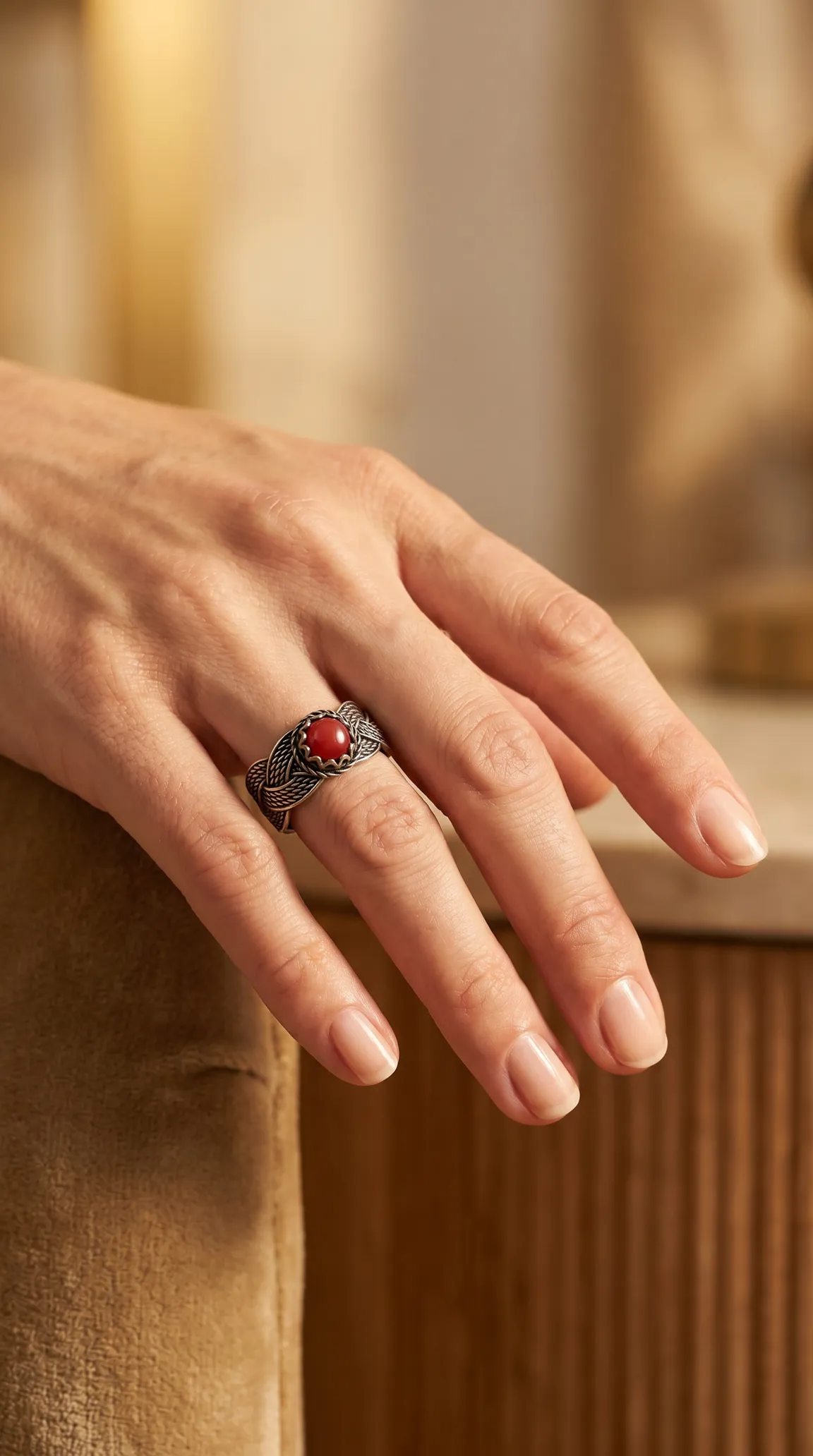 Vintage oxidized sterling silver ring with round red carnelian gemstone and braided band design worn on a hand.