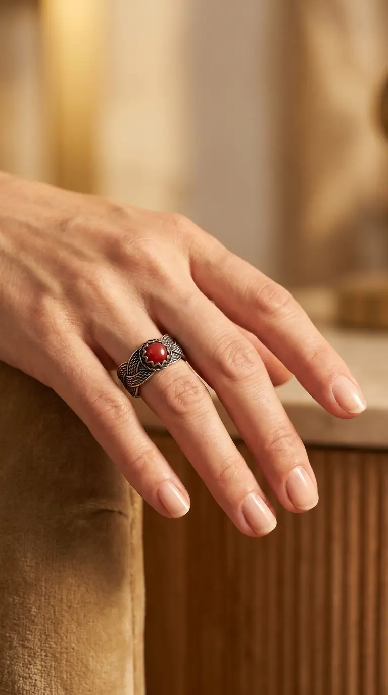 Vintage oxidized sterling silver ring with round red carnelian gemstone and braided band design worn on a hand.