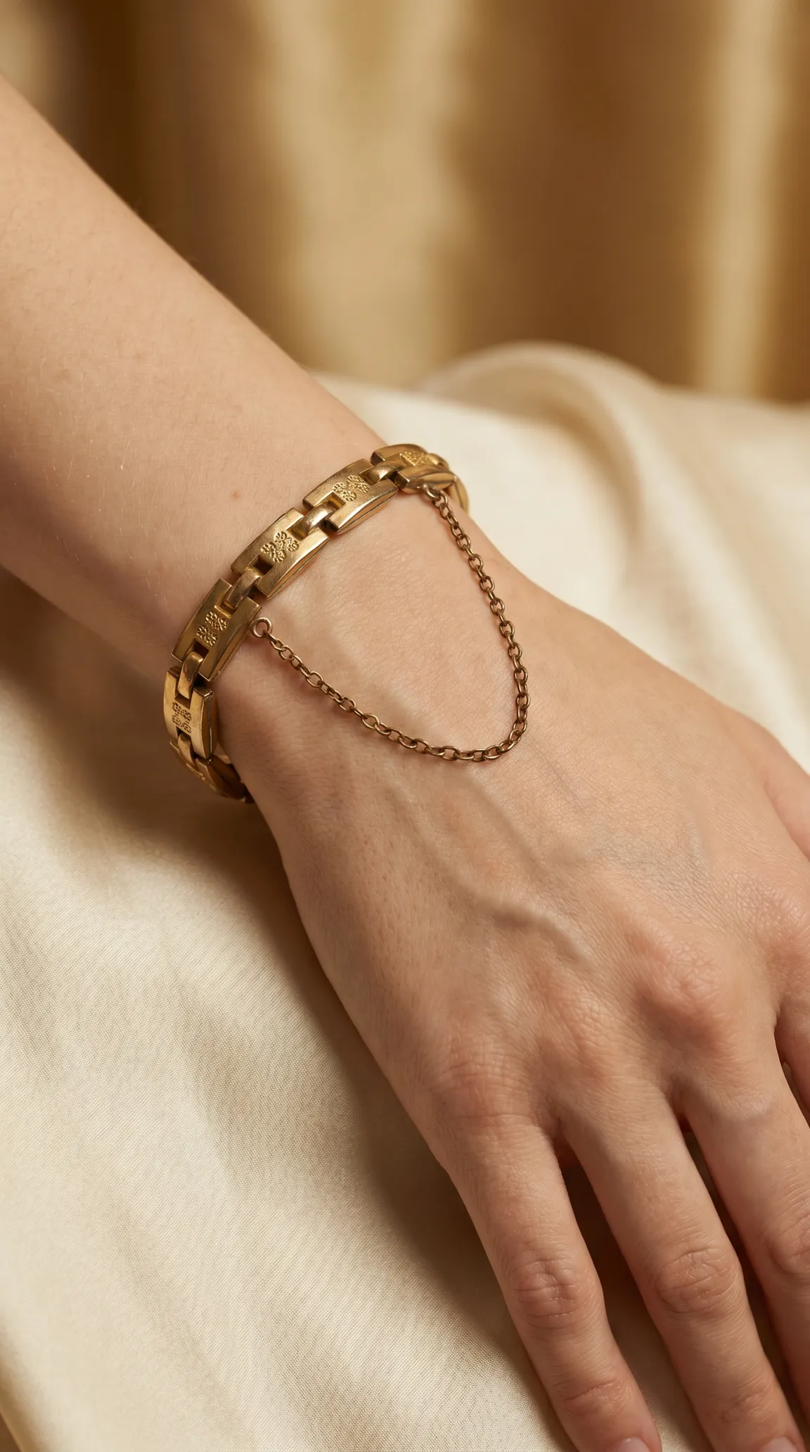 Vintage gold link bracelet with engraved floral pattern and safety chain worn on a hand.