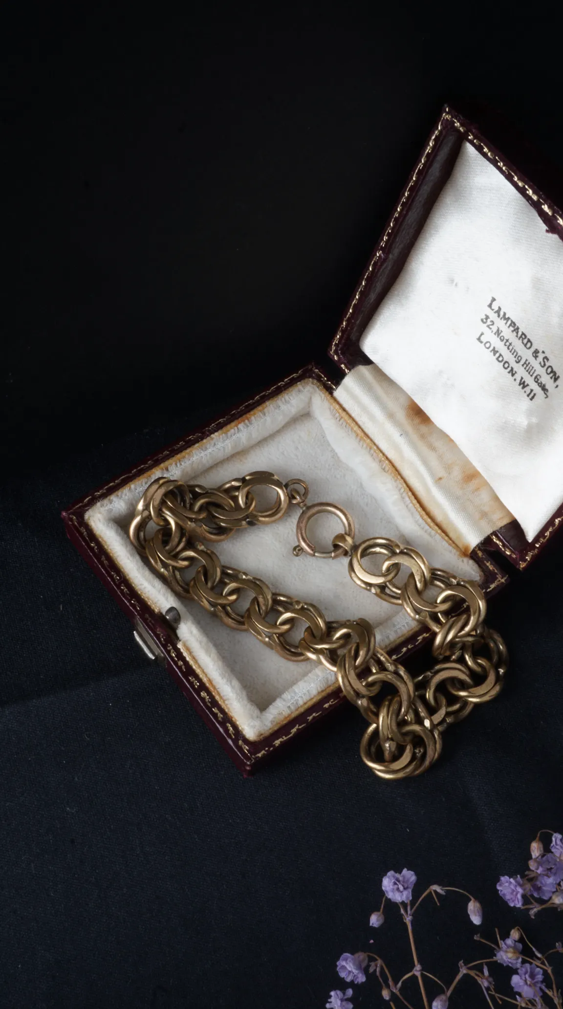 Vintage gold tone chunky chain bracelet in antique Lampard & Son London jewelry box