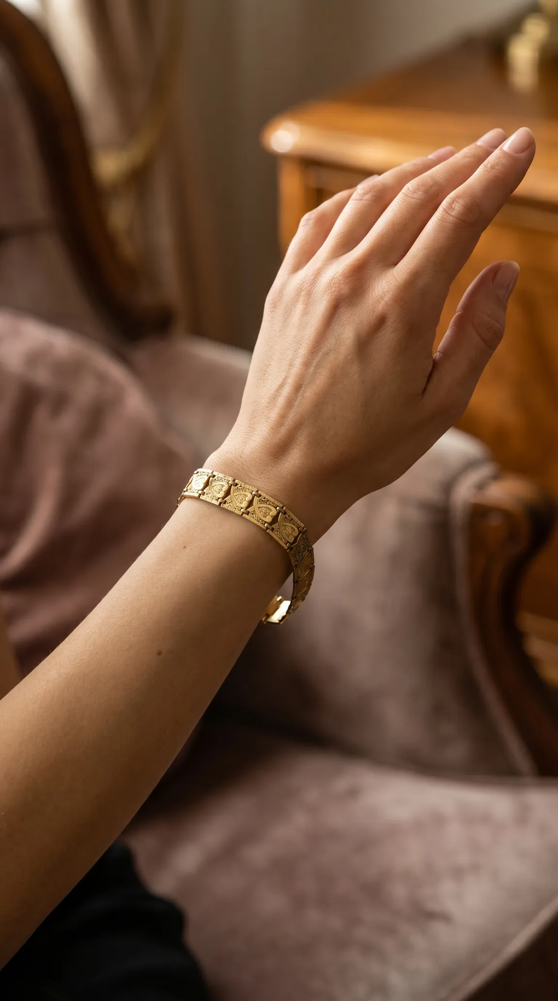 Vintage gold bracelet with intricate design on woman's arm in elegant setting.