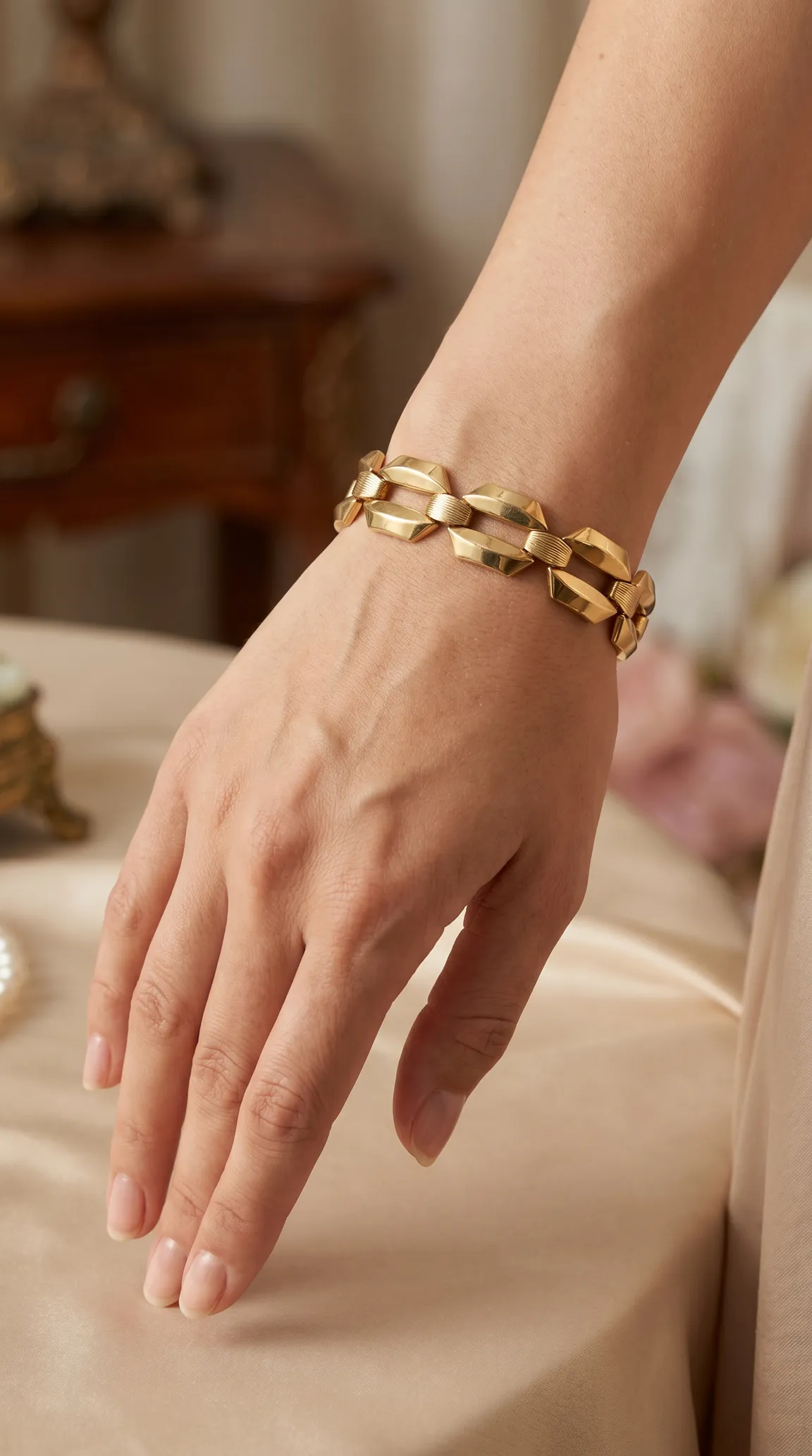 Vintage gold geometric link bracelet on woman's wrist