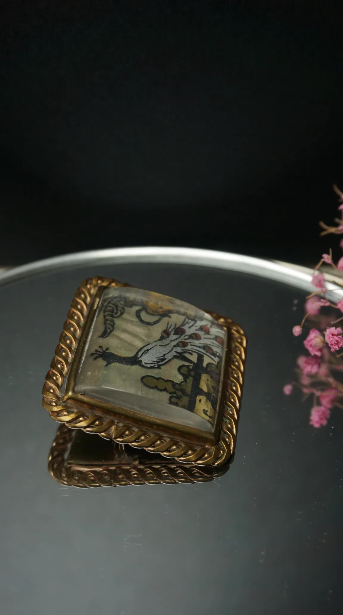 Vintage gold tone peacock brooch with hand-painted miniature art on iridescent panel and twisted rope border.