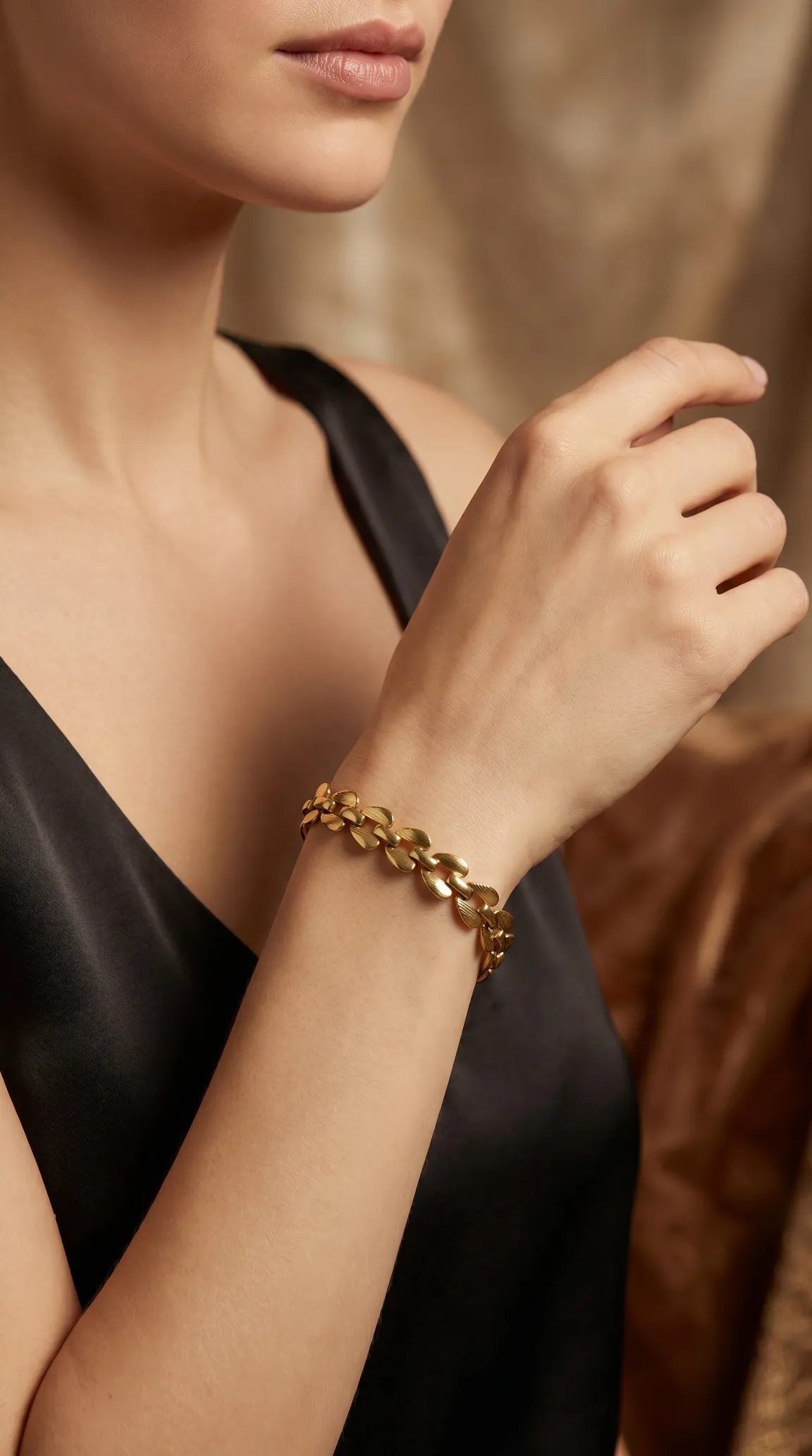 Vintage gold bracelet with matte interlocking leaf links on a woman's wrist.