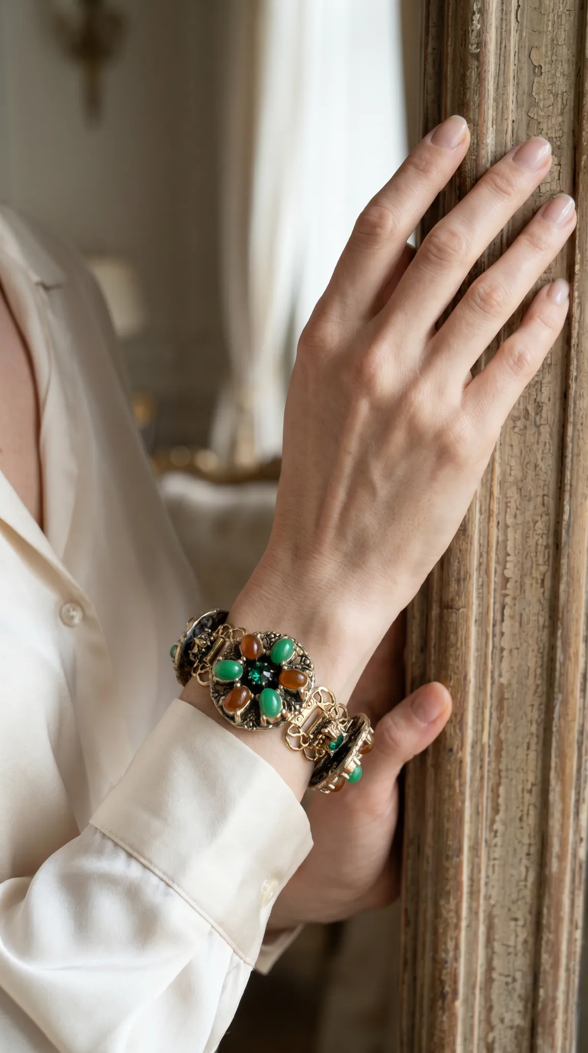 Vintage gold-tone bracelet featuring ornate green and amber cabochon gemstones, worn on a woman's wrist with an elegant cream blouse.