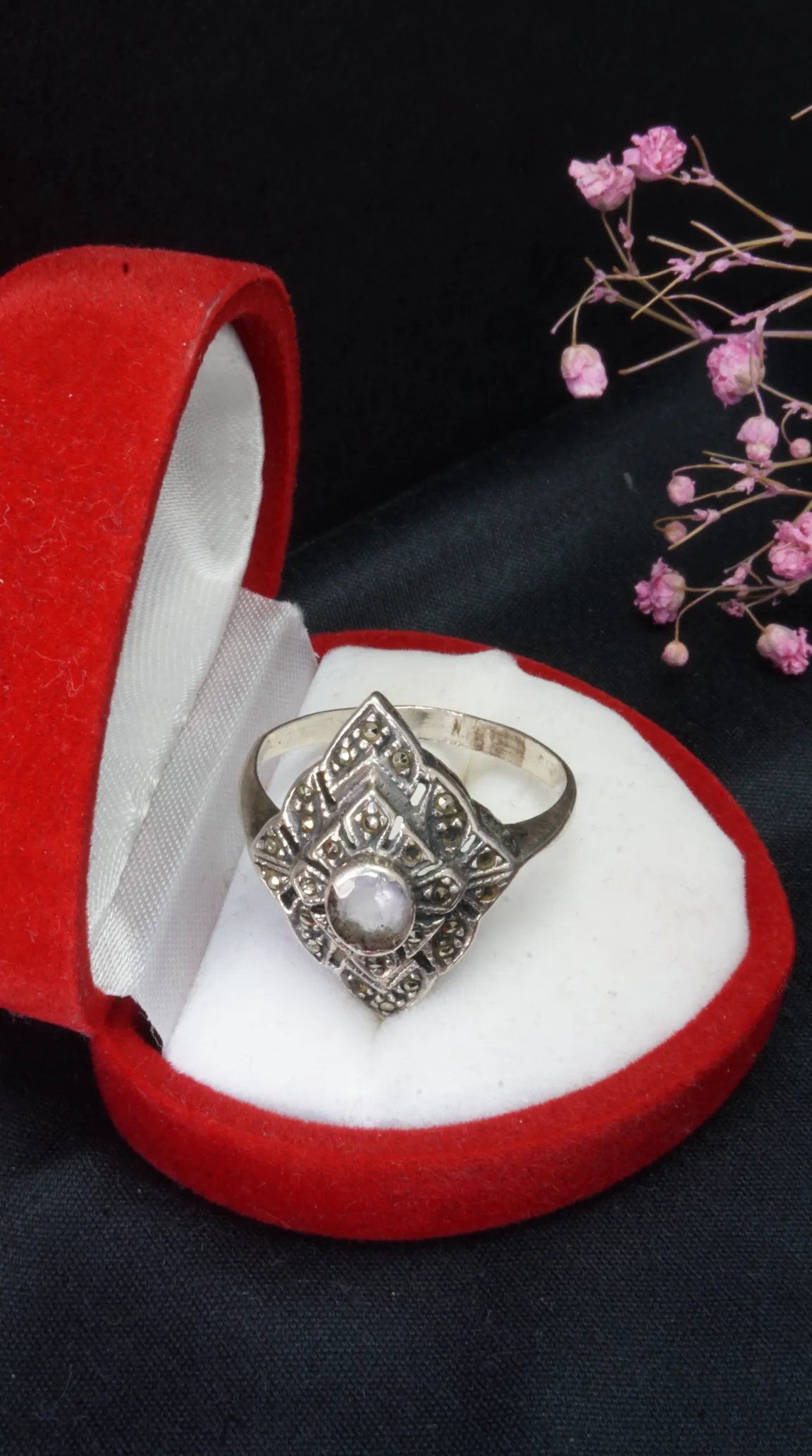 Vintage silver marcasite ring with moonstone in red velvet heart jewelry box