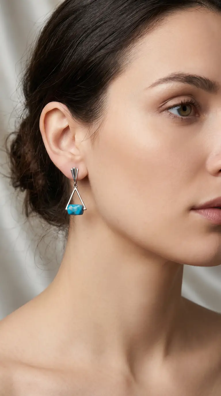 Vintage sterling silver triangle dangle earrings with natural turquoise gemstone worn by a woman.