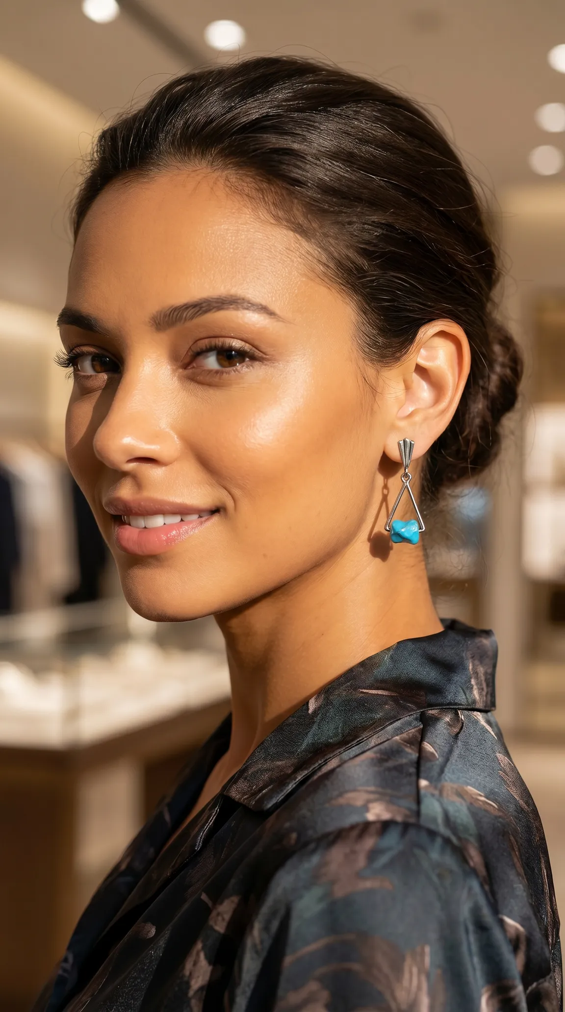 Vintage silver geometric triangle dangle earrings with natural turquoise stones worn by a smiling woman.
