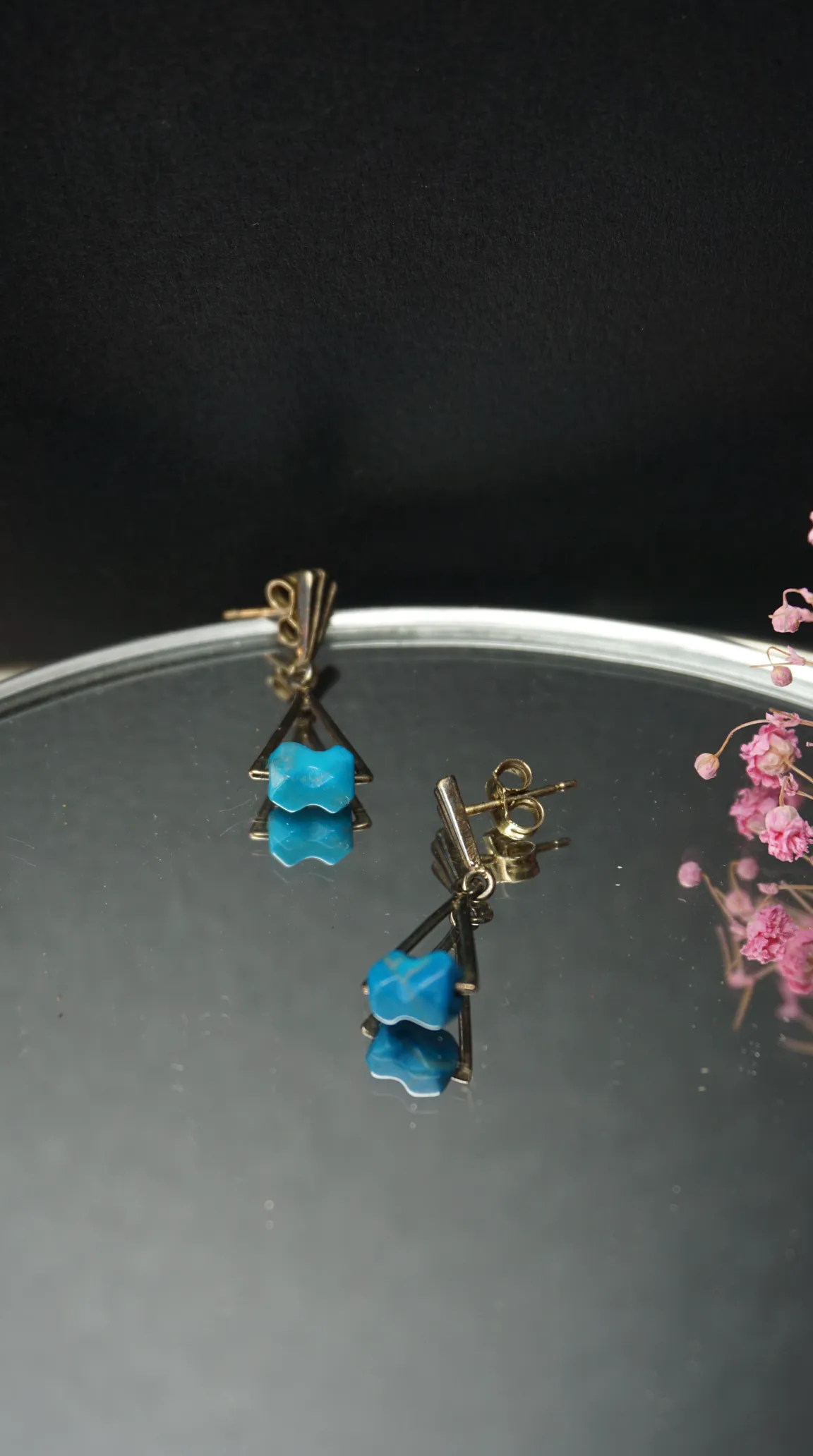 Vintage gold geometric dangle earrings with vibrant blue carved turquoise stones