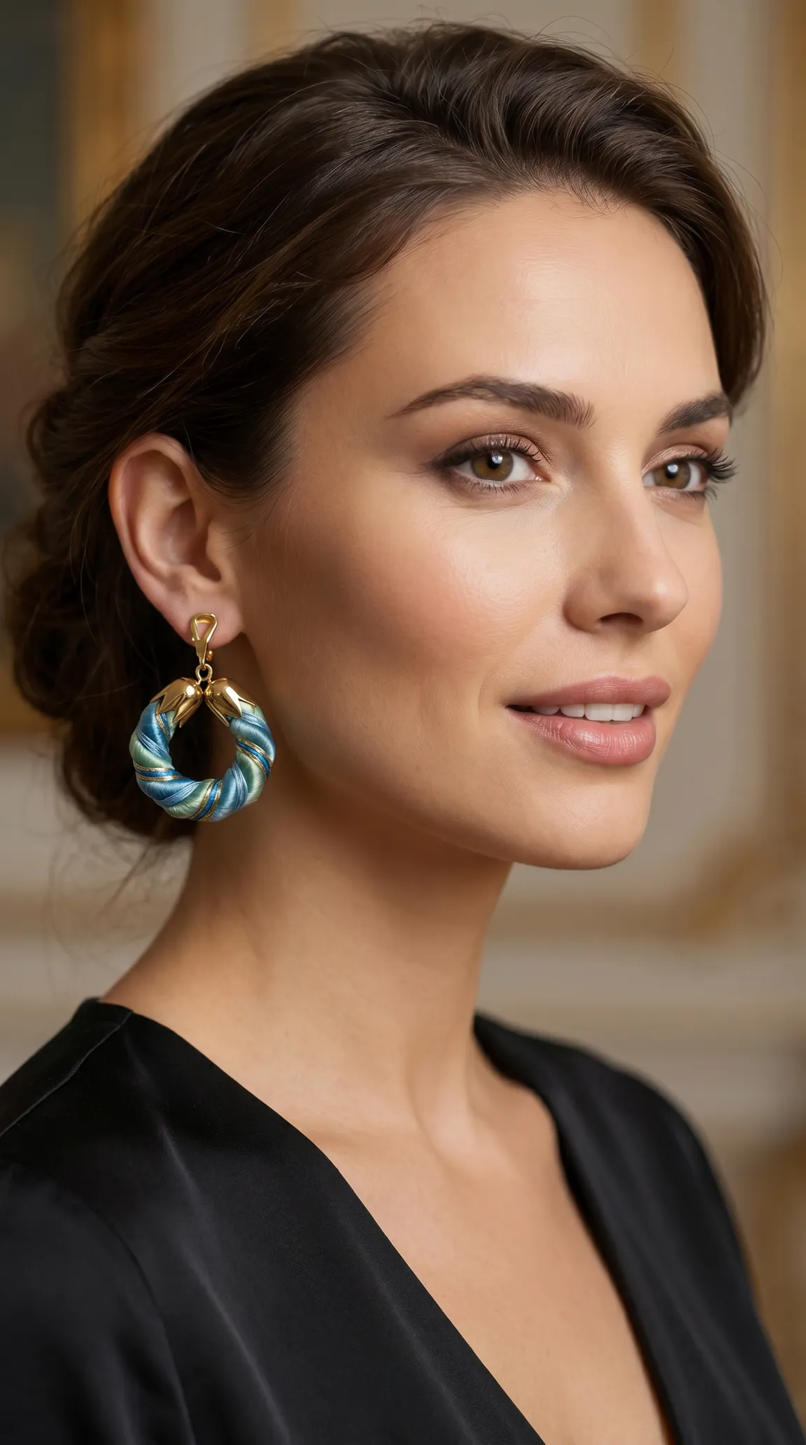 Vintage blue and green woven hoop earrings with gold accents on woman model