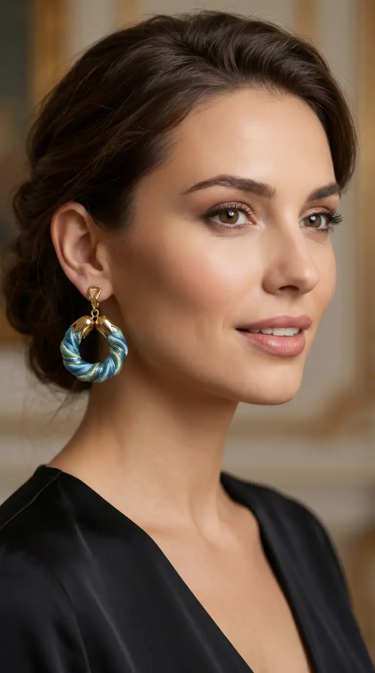 Vintage blue and green woven hoop earrings with gold accents on woman model