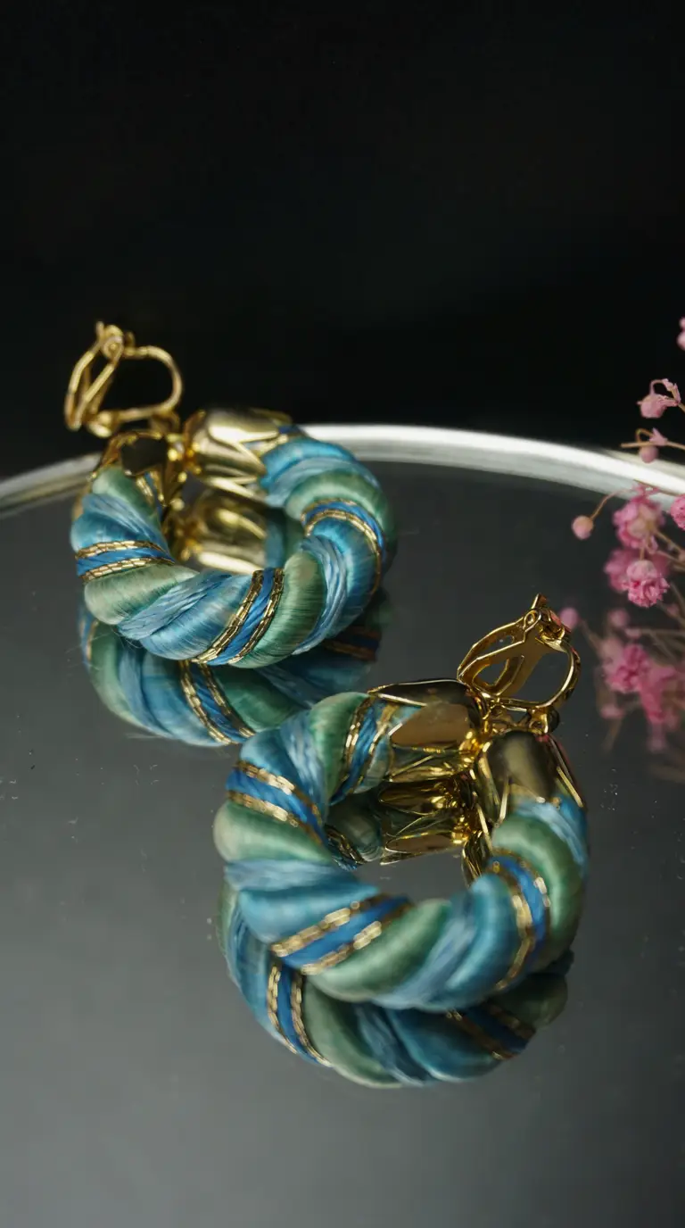 Vintage blue and green thread wrapped hoop clip-on earrings with gold accents