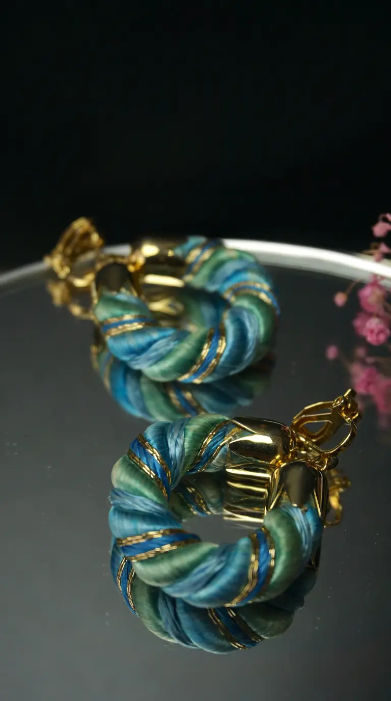 Vintage blue green thread wrapped hoop earrings with gold accents