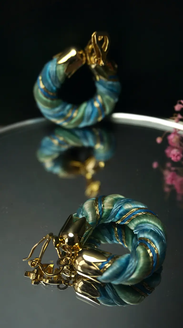 Pair of vintage gold-tone blue and green threaded hoop earrings with intricate gold accents, unique vintage jewelry