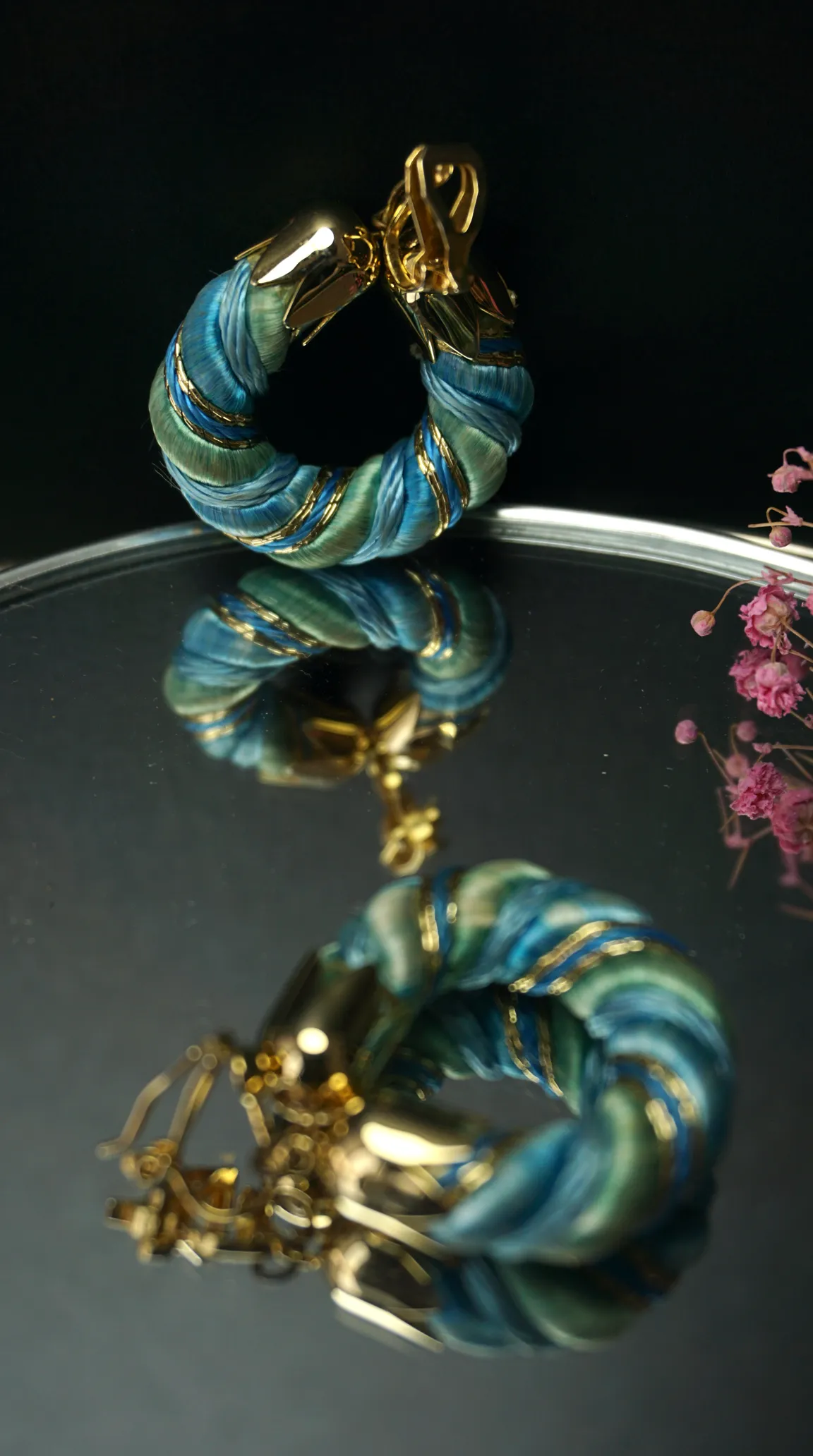 Vintage gold tone blue and green thread wrapped hoop earrings