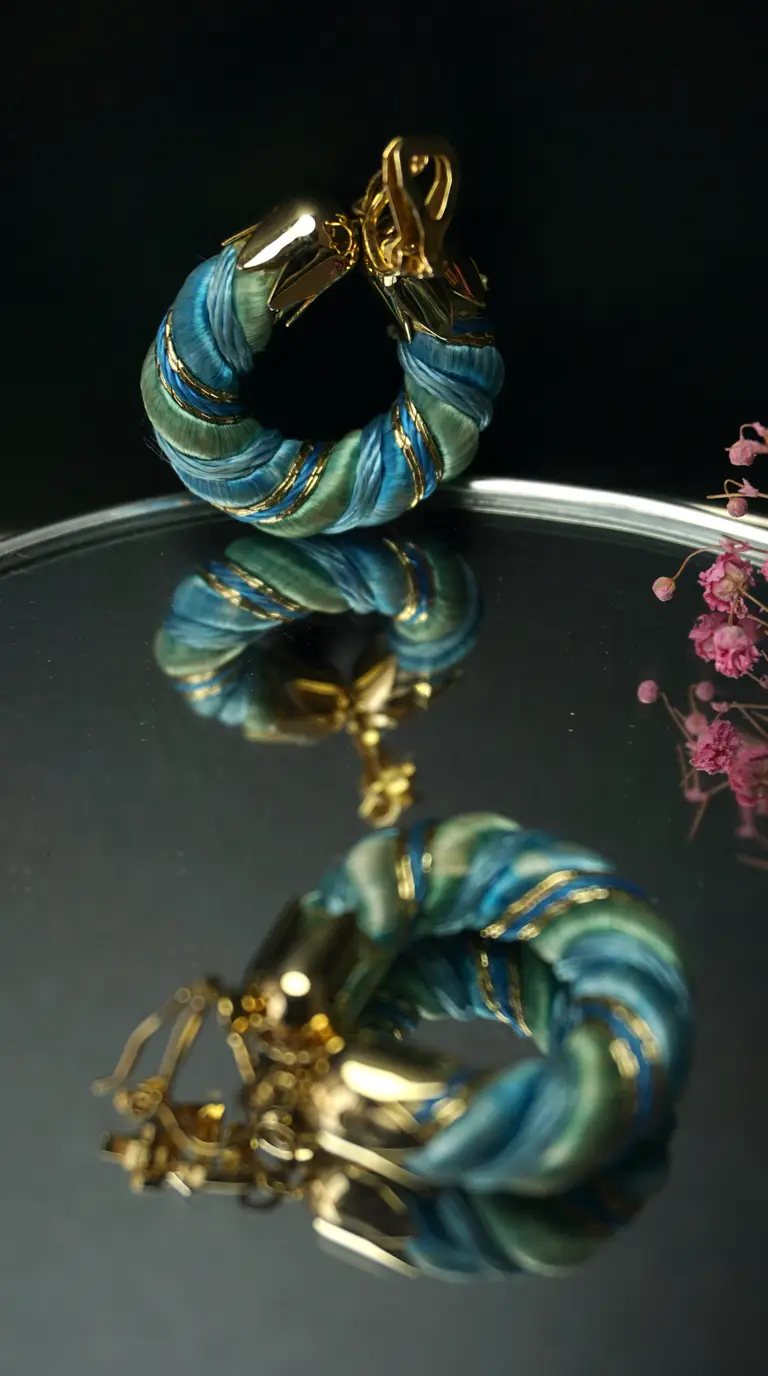 Vintage gold tone blue and green thread wrapped hoop earrings