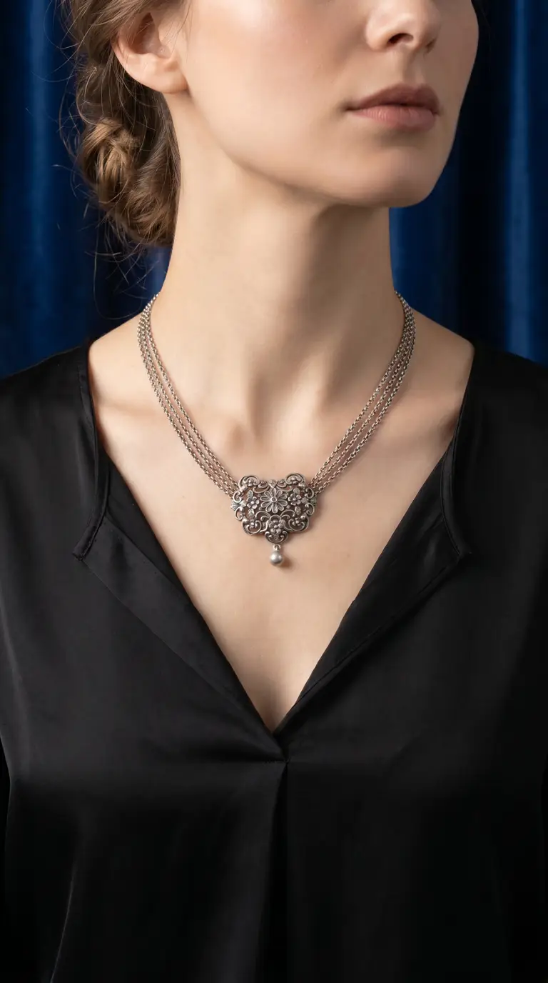 Vintage silver floral filigree necklace with pearl drop pendant, antique jewelry on model.