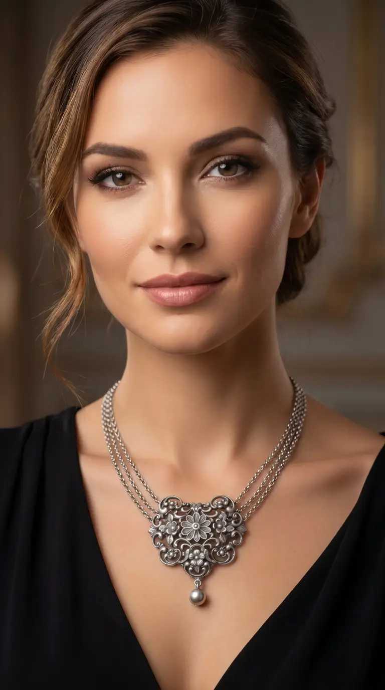 Elegant woman wearing vintage silver-tone floral filigree statement necklace with multiple chains.