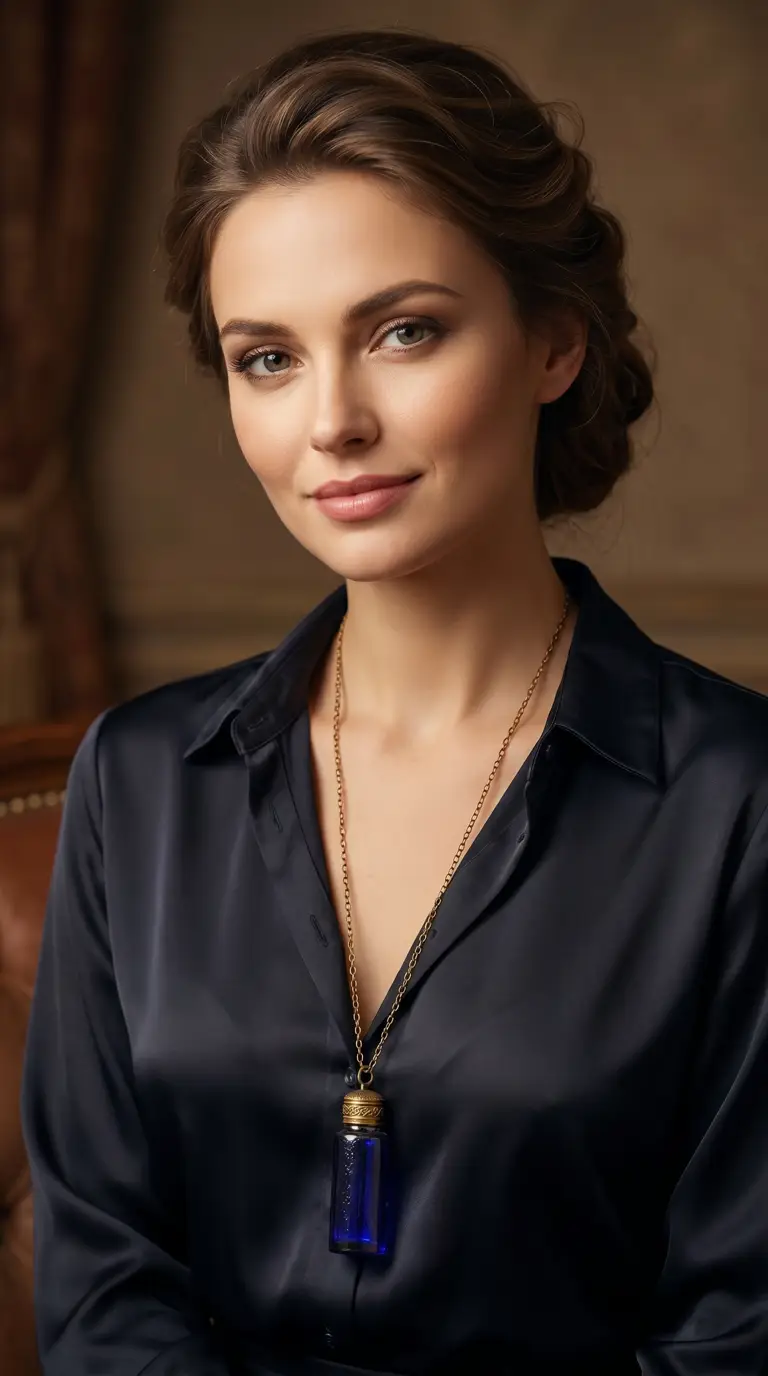 Elegant woman modeling a vintage blue glass perfume bottle pendant necklace with a gold chain.