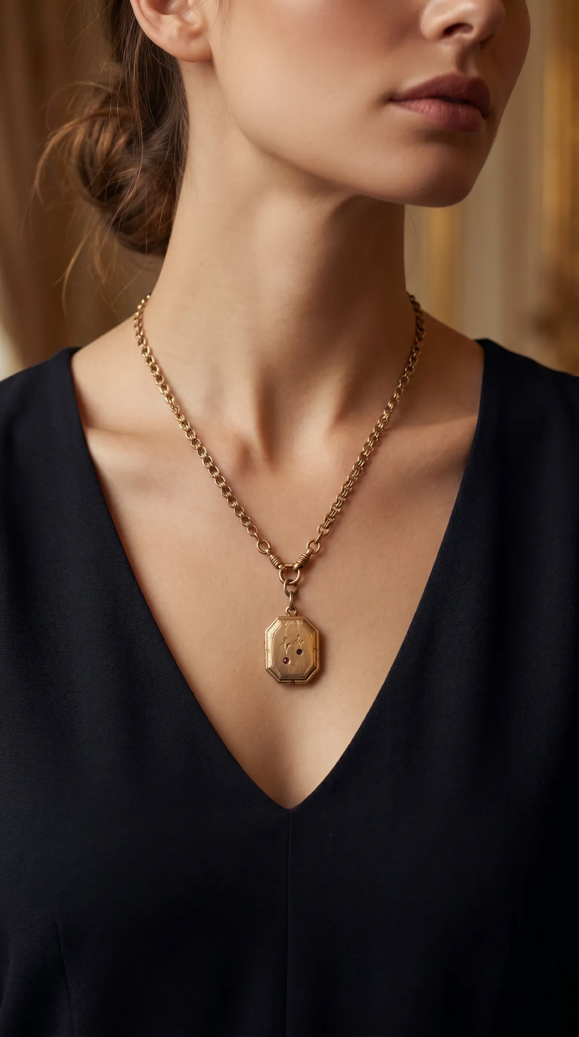 Vintage gold octagonal locket necklace with ruby gemstones on a chunky chain, worn by a woman in a black top.