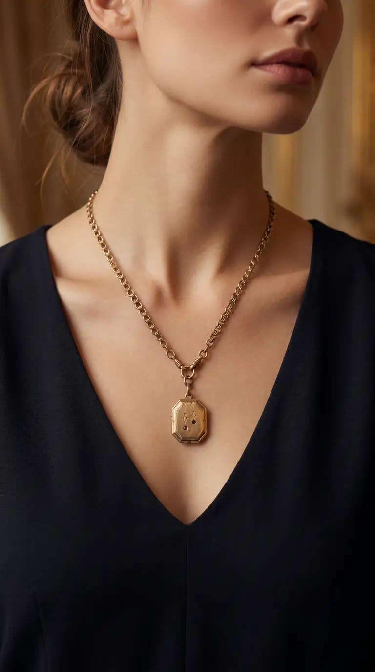 Vintage gold octagonal locket necklace with ruby gemstones on a chunky chain, worn by a woman in a black top.