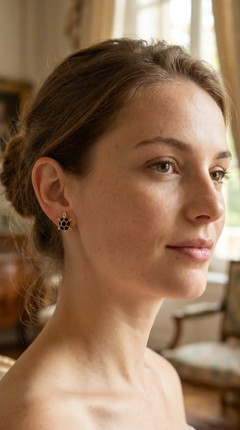 Close-up of woman wearing vintage gold and black enamel turtle stud earring, detail shot of unique jewelry.