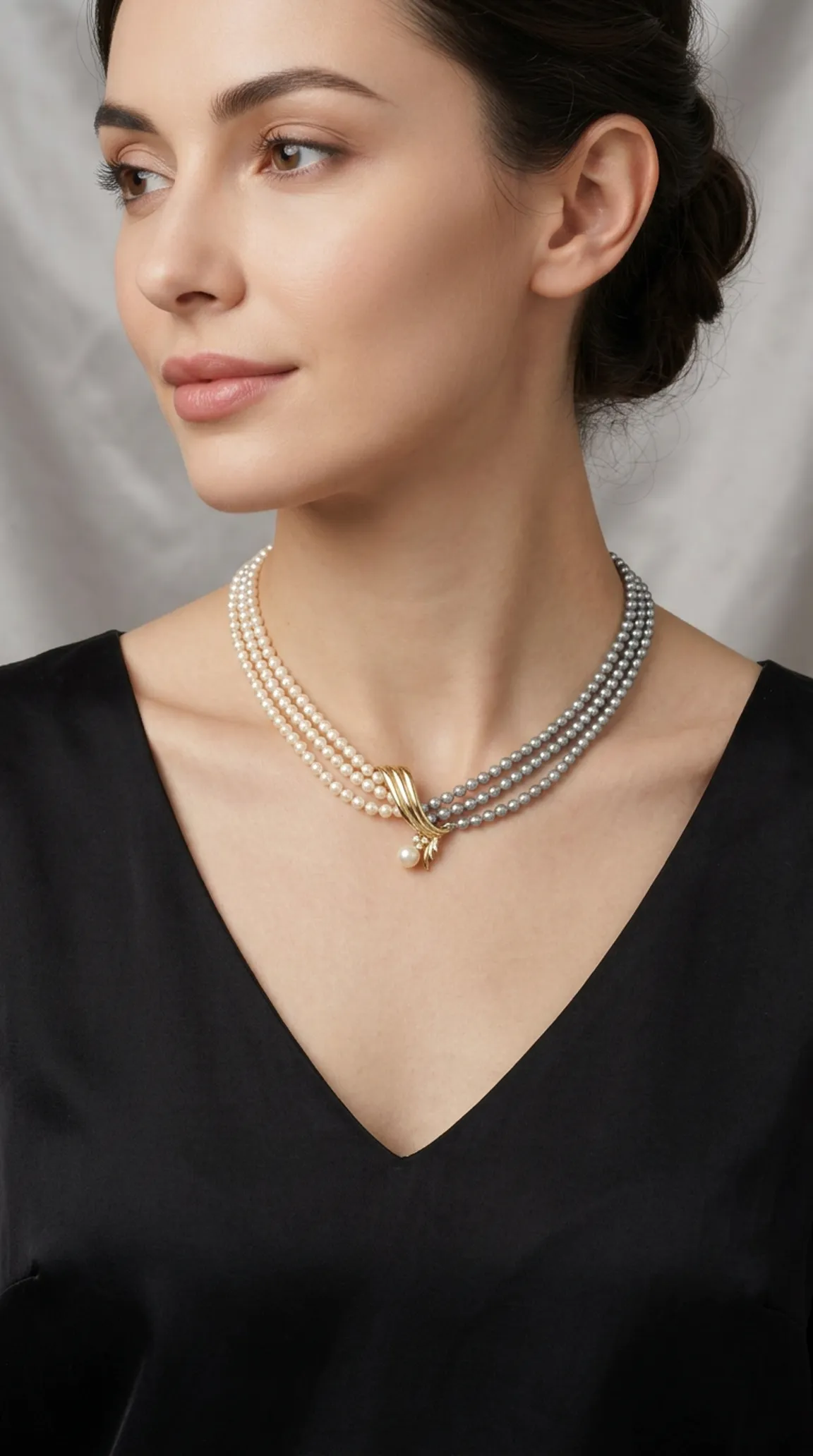 Vintage multi-strand pearl necklace with white and grey pearls, gold bow clasp, and drop pearl on model.