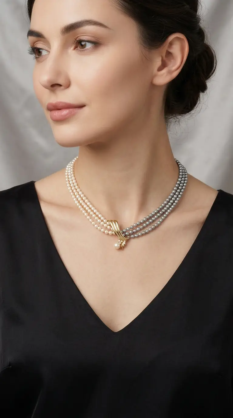 Vintage multi-strand pearl necklace with white and grey pearls, gold bow clasp, and drop pearl on model.