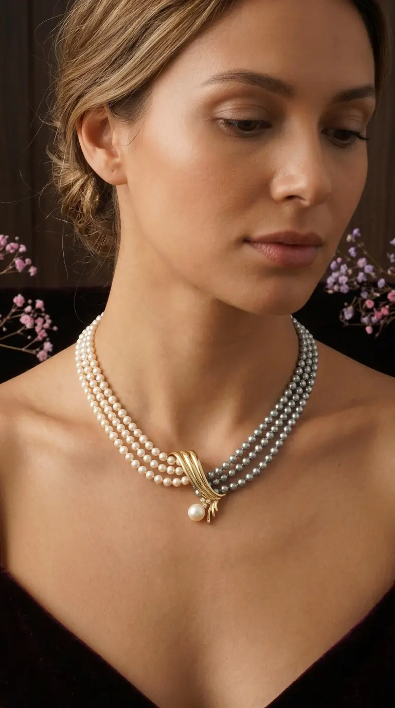 Vintage multi-strand pearl necklace featuring white and grey pearls with a gold ribbon-design clasp, pearl drop, and small diamond accents, worn by a woman.
