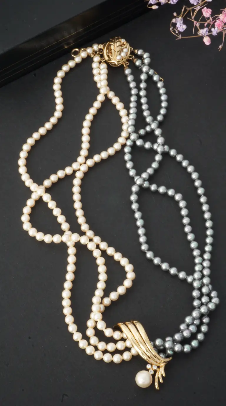 Vintage two-strand pearl necklace featuring cream and grey cultured pearls, joined by an ornate gold-tone clasp with a dangling pearl and small accent stones.