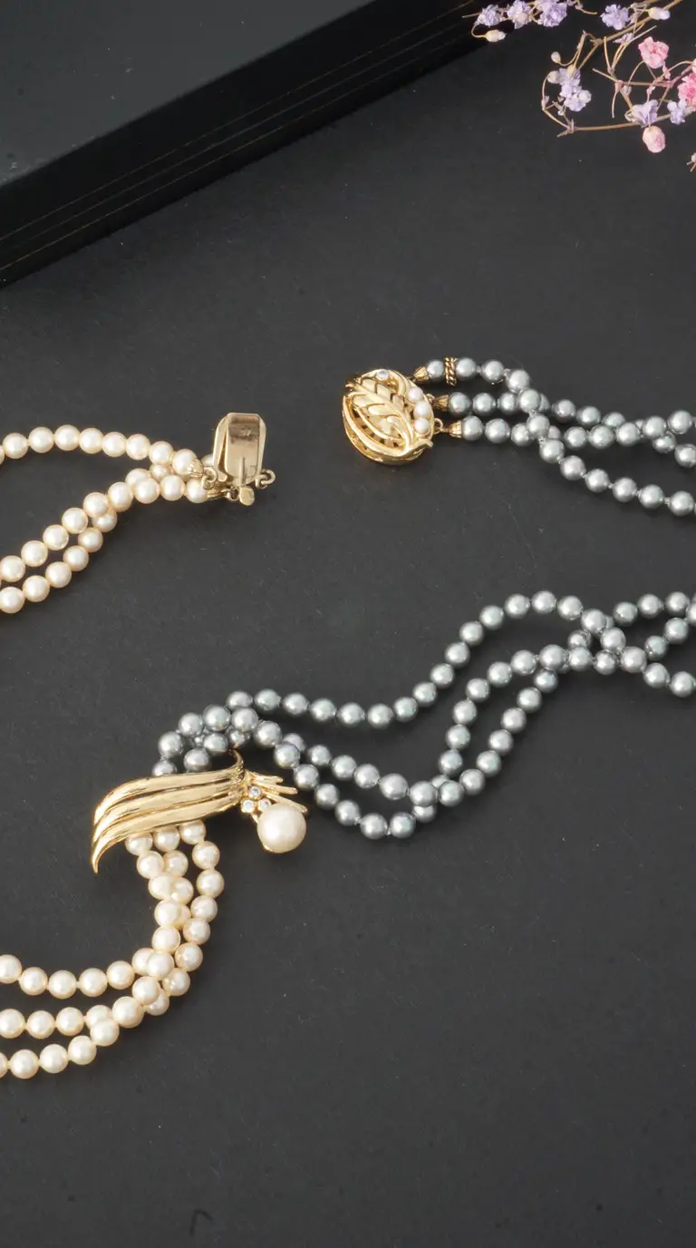 Vintage multi-strand pearl necklaces featuring cream white and gray pearls, gold tone clasps, and a decorative gold brooch with a pearl drop.