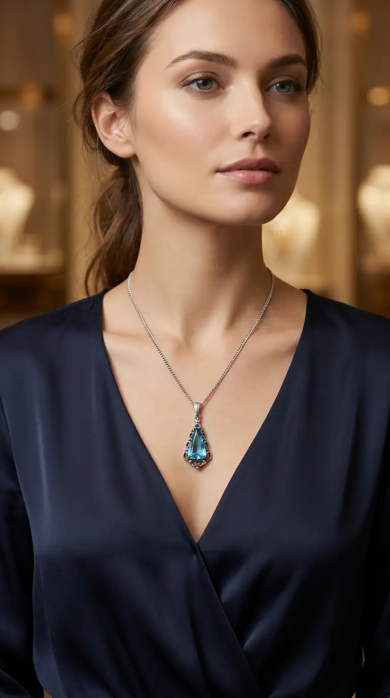 Vintage blue gemstone pendant necklace with ornate silver setting
