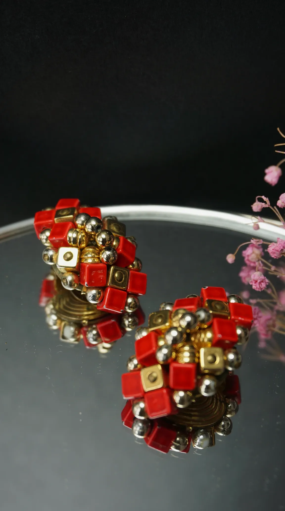 Vintage red cube and gold silver beaded clip-on earrings