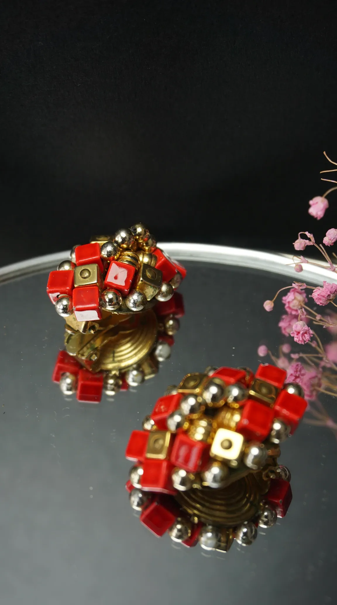 Vintage red and gold geometric cube clip-on earrings