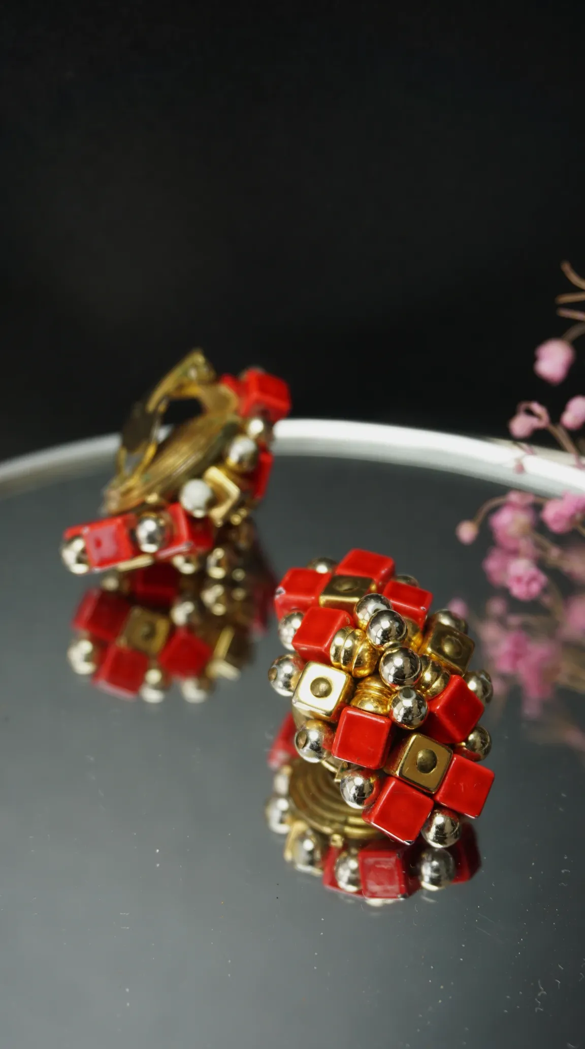 Vintage red and gold cube cluster clip-on earrings